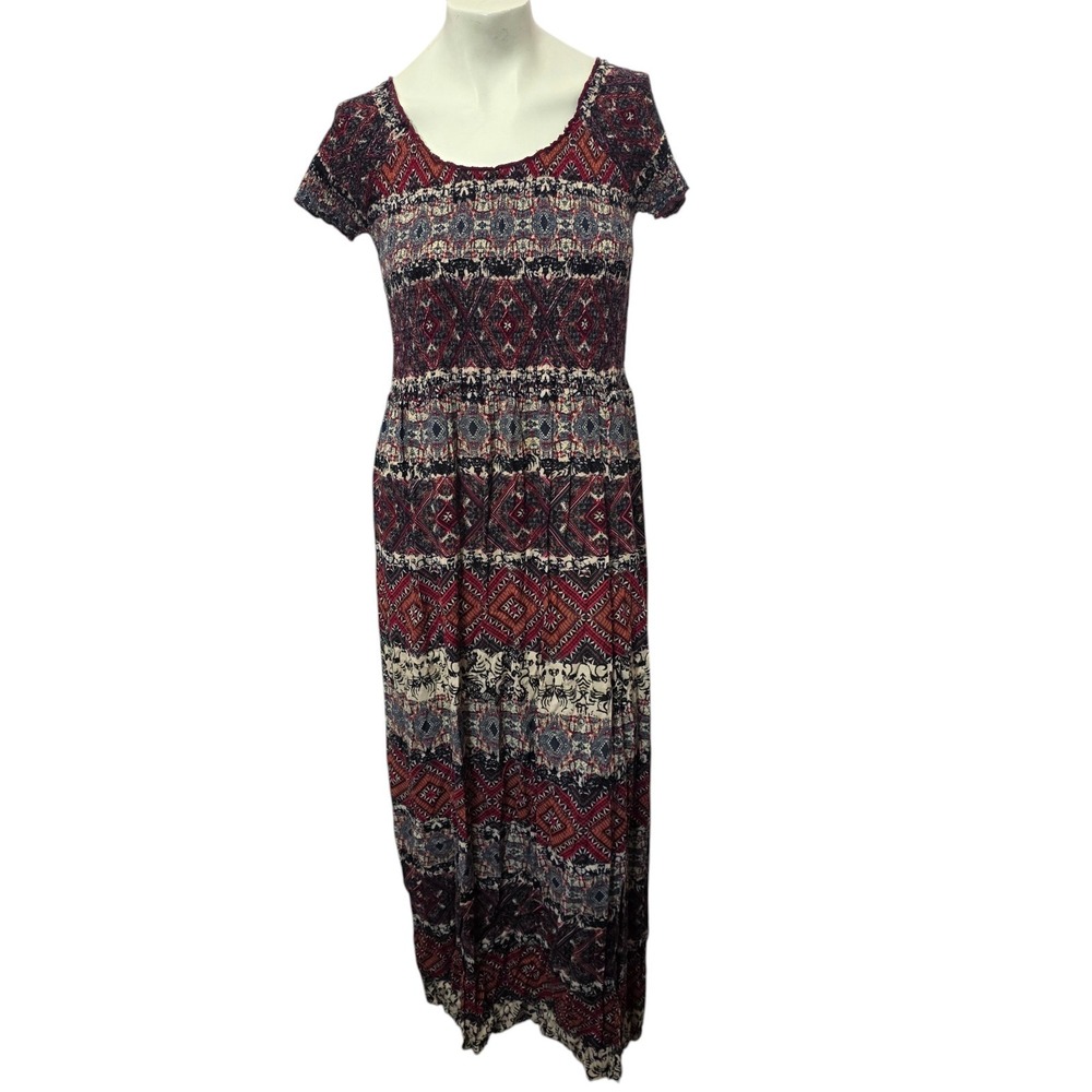 Soft Surroundings Maxi Dress Womens M Boho Geometric Print Smocked‎ Stretch Midi